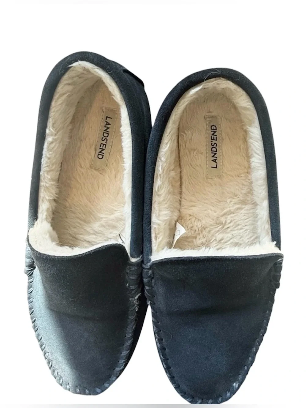 Men’s Lands' End Suede Moccasin Slippers Size 9 Navy Blue with Hard Soles